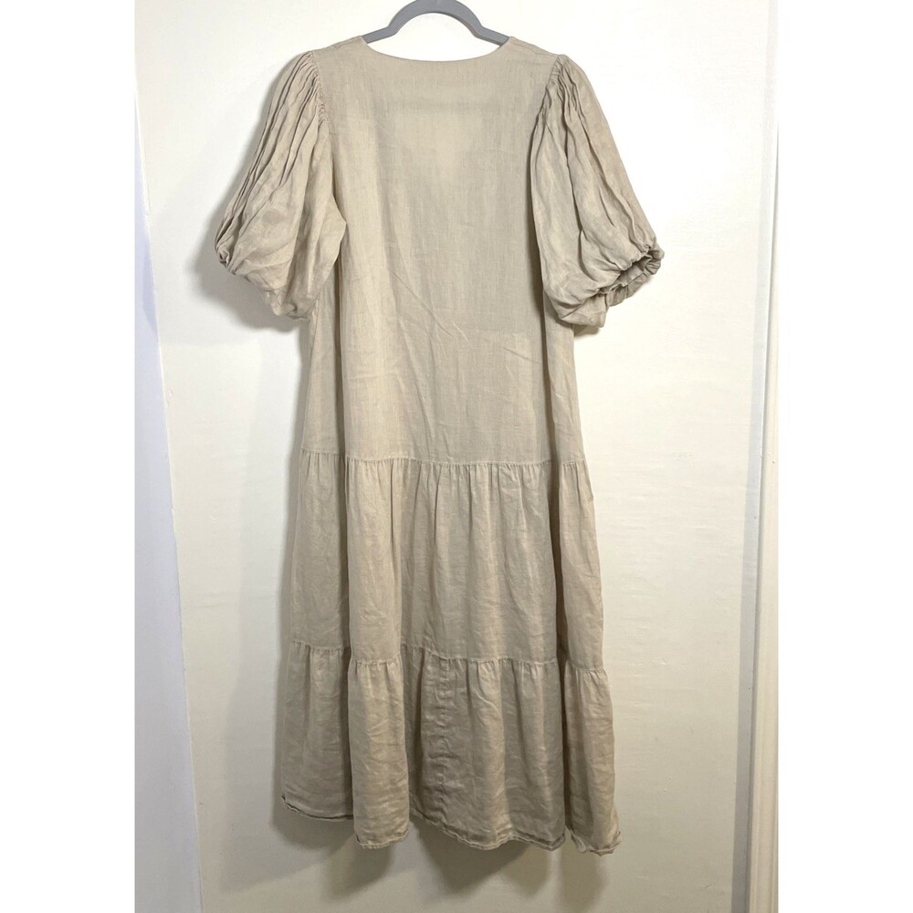 Mango Women's Puff Sleeve 100%  Linen Beige Midi Button Down Dress Sz XS Casual - Picture 3 of 8